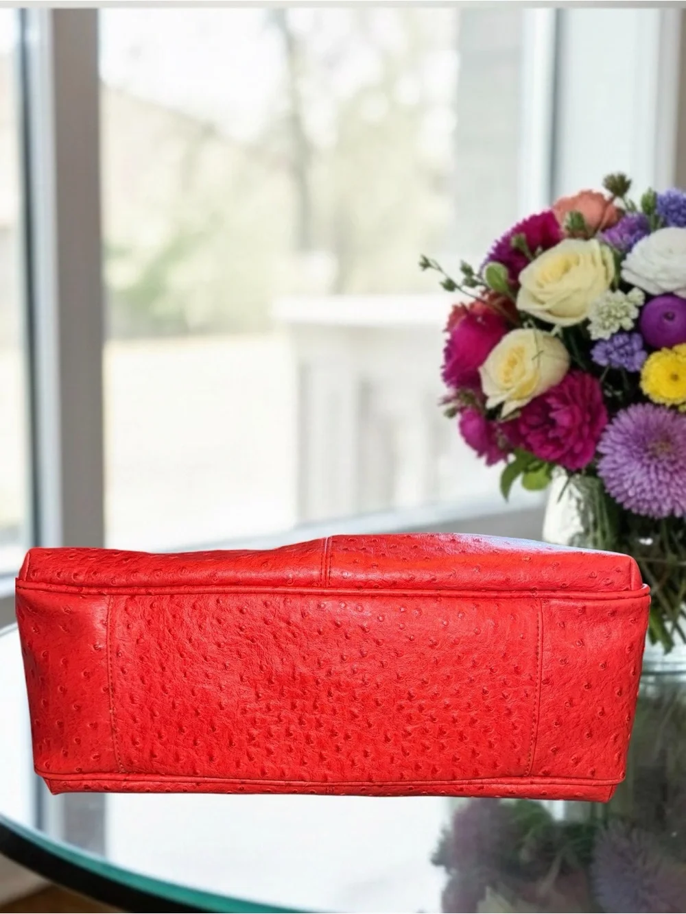 Bueno Red Ostrich Embossed Satchel Handbag with Scarf Accent